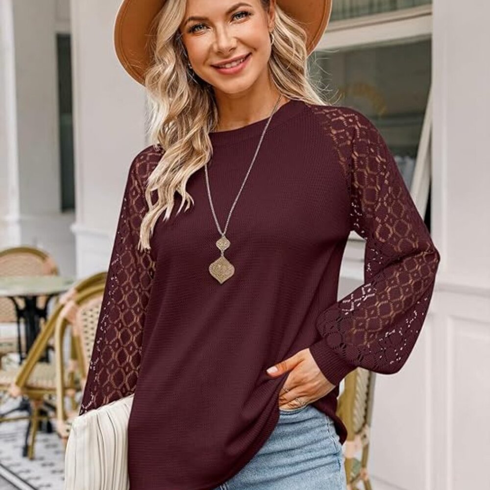 MIHOLL Women’s Long Sleeve Tops Lace Casual Loose Blouses T Shirts